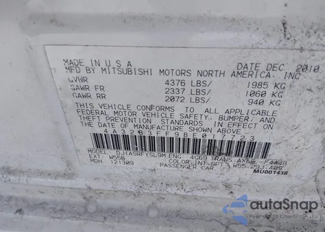 2011 Mitsubishi Galant Es/Se z USA, uszkodzony, nr VIN 4A32B3FF9BE017723